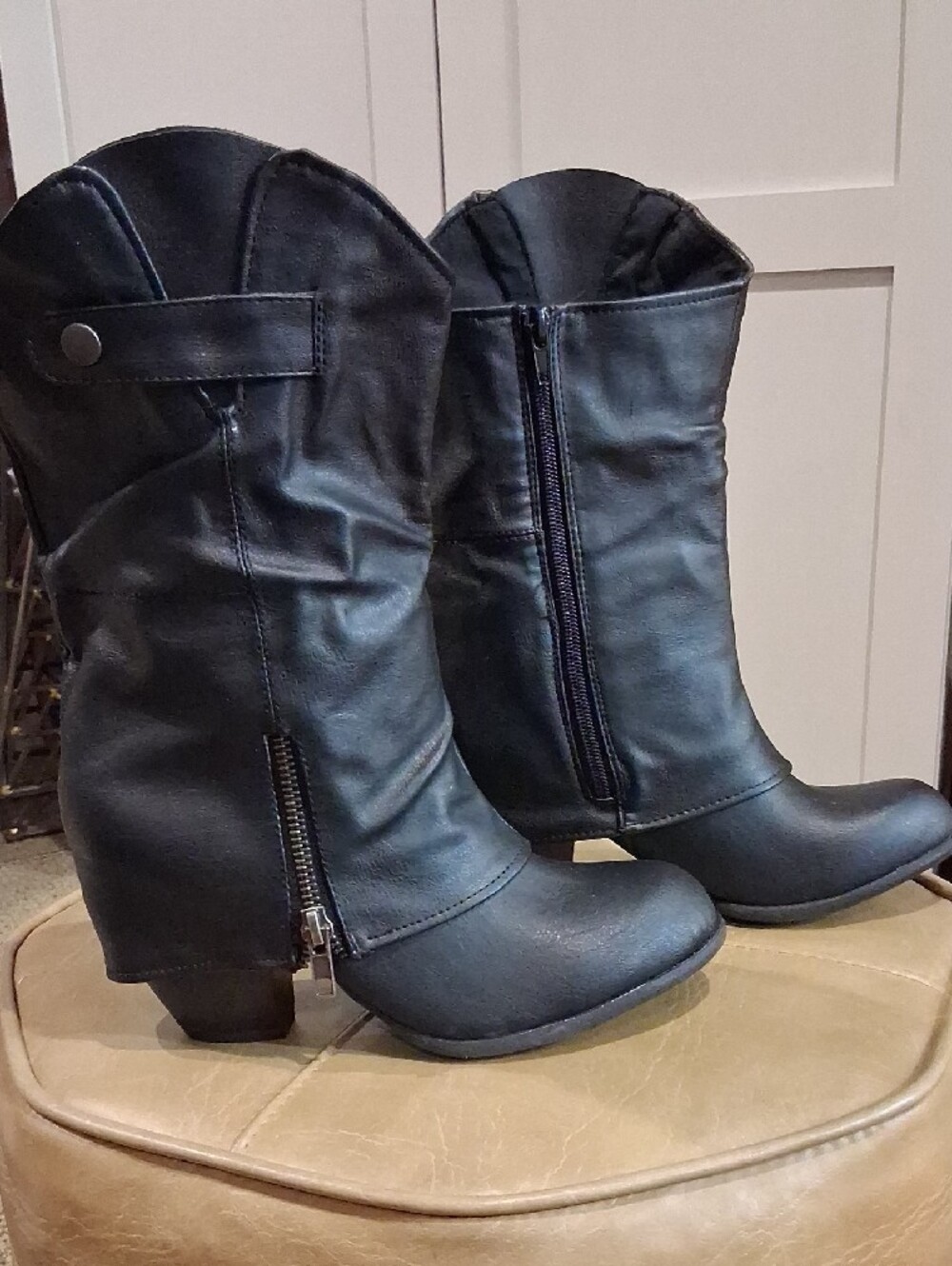 Cupid Black Mid-Calf Wedge Zip Boots Western Biker - Picture 8 of 10
